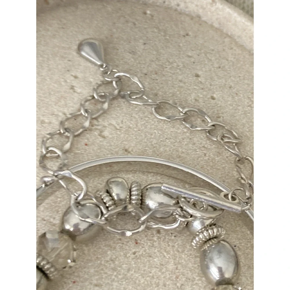 Glossy‎ Silver Tone Bangle Bracelet Set Of 3 Rhinestone Beaded Chain Link Chunky